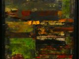 tableau représentant un cadre noir dans lequel figure un paysage vert et rouge
