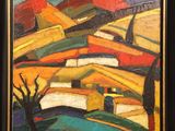 an oil painting of a landscape with a tree in the foreground