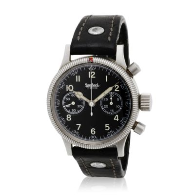 an image of a wrist watch with a black dial and black leather strap