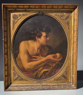 painting of a naked man holding an apple in a gold frame