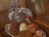 une peinture représentant une assiette de fruits et de noix posée sur une table