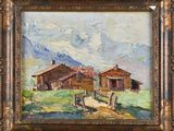an oil painting of a farm scene with two barns and a fence