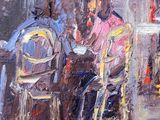 an oil painting of a couple sitting at a table in a cafe