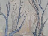 an oil painting of two trees in a field near a body of water
