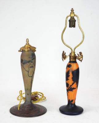 pair of art deco table lamps with a black and orange design