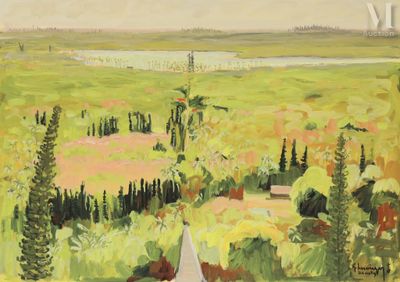 une peinture à l'huile représentant un voilier dans un champ verdoyant