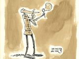 cartoon drawing of a man blowing bubbles with a tennis racket