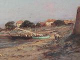a painting of a boat on the shore of a beach