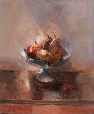une peinture à l'huile représentant un bol de fruits posé sur une table