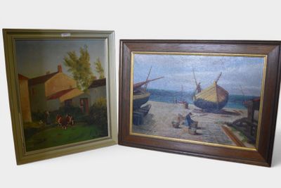 two framed paintings of boats on a beach and a boat on the water