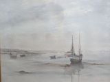une peinture représentant un bateau dans l'eau avec d'autres bateaux dans l'eau