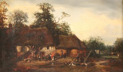 painting of a village scene with a horse drawn carriage and a man on a horse