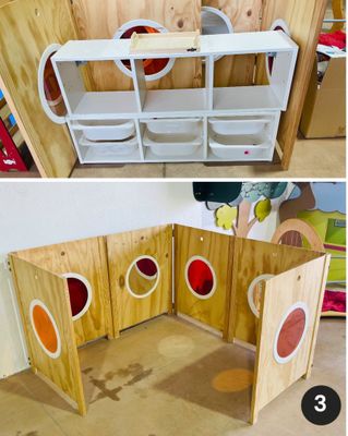 plusieurs photos d'une chambre d'enfant aménagée avec des meubles en bois
