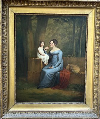 tableau représentant une femme tenant un enfant dans un décor boisé