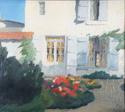 an oil painting of a white house with a garden in front of it
