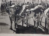 a painting of a group of cows being led by a man