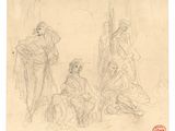 a drawing of a group of people sitting around a tree