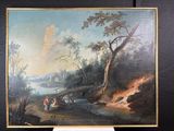 un tableau représentant un homme et une femme dans un décor boisé