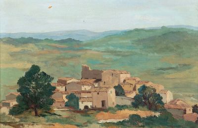 une image d'un tableau représentant un village sur une colline
