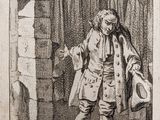 drawing of a man standing in front of a doorway with a hat on his head