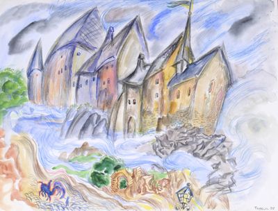 peinture représentant un château au milieu d'une montagne, avec le ciel en arrière-plan