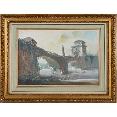 l'image d'une peinture représentant un pont au-dessus d'une étendue d'eau
