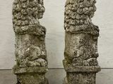 two stone statues of lions are standing next to each other