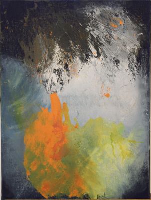 an abstract painting of orange, yellow, and blue on a black background
