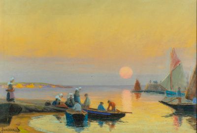 tableau représentant des personnes sur des bateaux sur une plage, avec le soleil couchant en arrière-plan