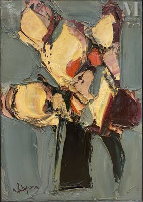 une peinture de fleurs dans un vase sur une table