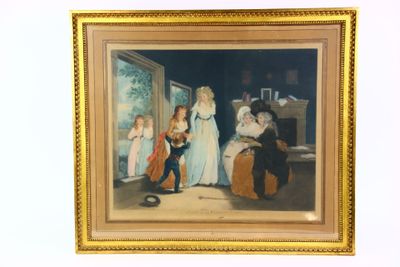 a picture of a painting of a family in a living room