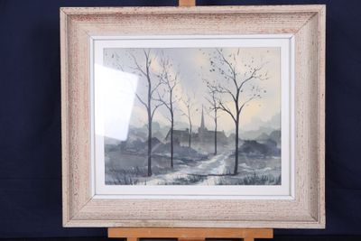 une peinture à l'huile représentant un paysage enneigé avec des arbres au premier plan