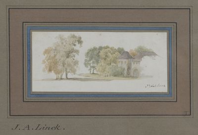 an image of a painting of a house and trees in a field