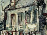 an oil painting of a white house with a lot of clothes hanging out to dry on a clothes line
