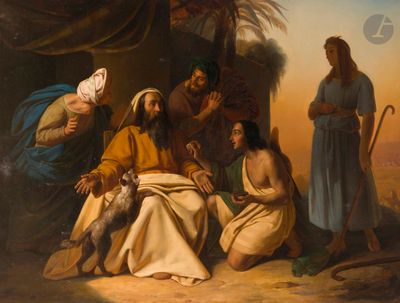 painting of a group of people sitting around a man with a dog