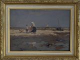 an image of a painting of a woman and two children on the beach
