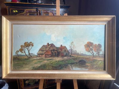 an oil painting of a farm scene with a house in the background