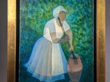 an oil painting of a woman in a white dress holding a jug