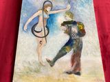 un tableau représentant un homme et une femme devant un rideau rouge