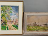 deux tableaux encadrés représentant un paysage et un village