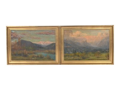 deux tableaux représentant des montagnes et une rivière, dans un cadre doré
