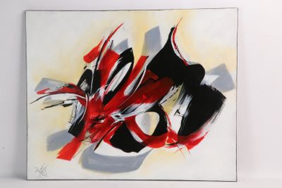 peinture abstraite représentant des formes rouges, noires et blanches sur fond blanc
