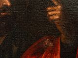 an oil painting of a man with a red cloak pointing at something
