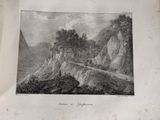an old picture of a mountain scene with a house on a cliff