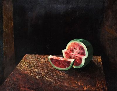une peinture représentant un morceau de pastèque posé sur une table