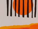 an image of a painting of a sunset with black and orange stripes