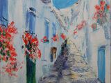 an oil painting of a narrow street with flowers on the side of it