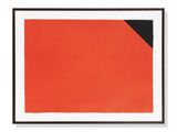 an orange and black painting on a white wall