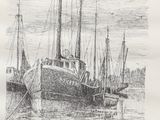 un dessin représentant un bateau sur l'eau, avec d'autres bateaux en arrière-plan