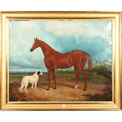 tableau représentant un cheval et un chien dans un champ